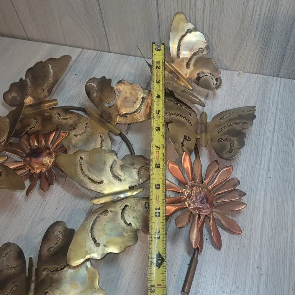 Vtg Brass Copper Butterfly & Daisy 2 Piece Gallery Wall Art Decor MCM Farmhouse